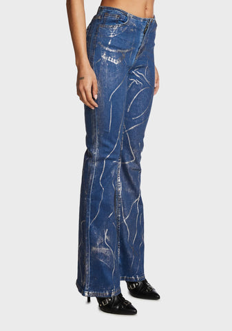 Metallic Coated Low Rise Flared Jeans
