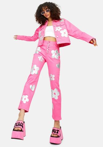 Heart Of Glass Holo Flower Applique Twill Pants