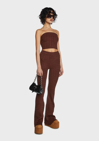 Brown Cable Knit Flare Pants