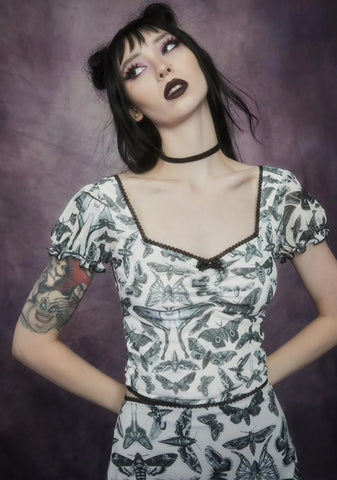 Spirit World Moth Print Mesh Top