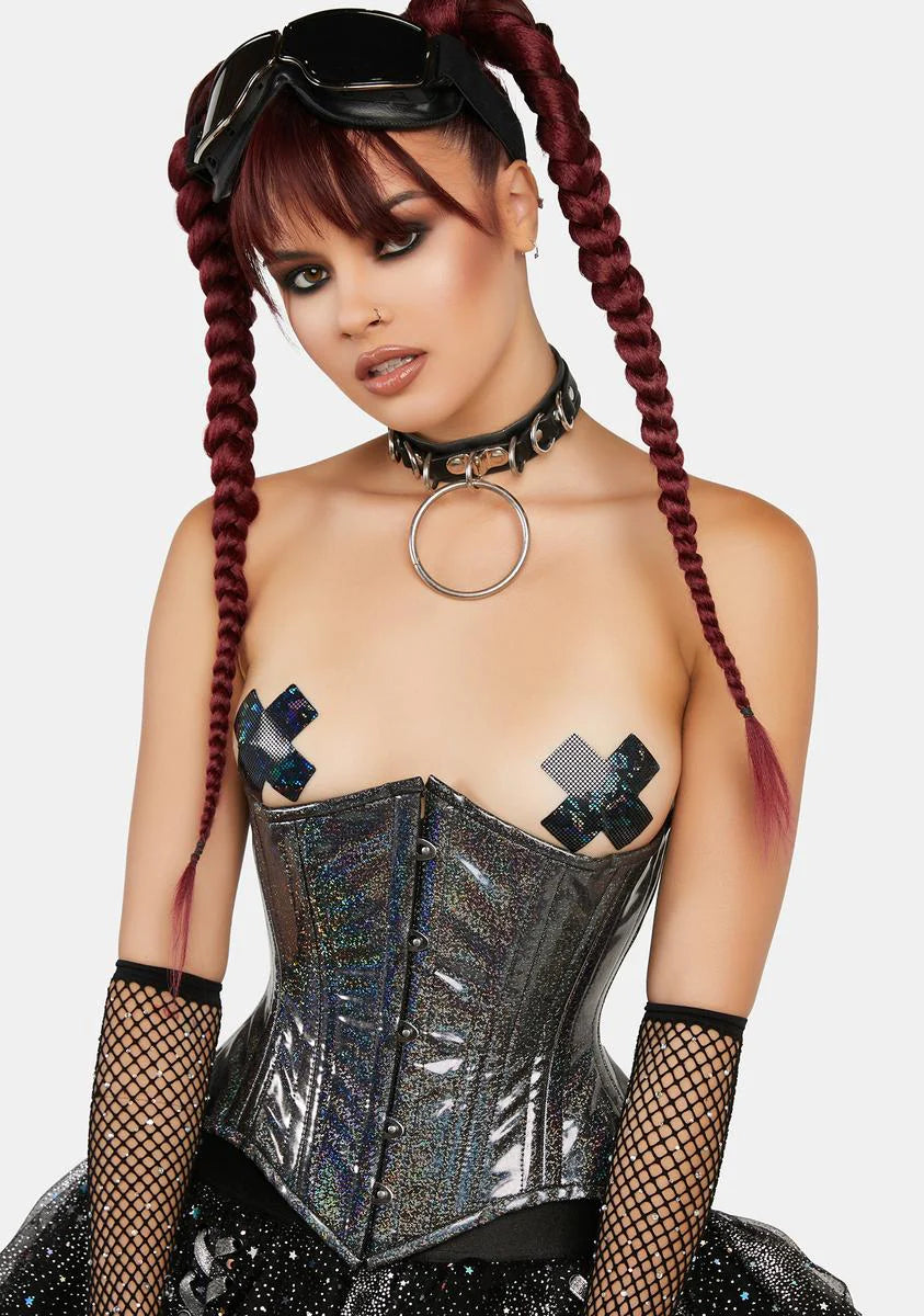 Black Rainbow Glitter Holo Double Steel Boned Waist Cincher Corset