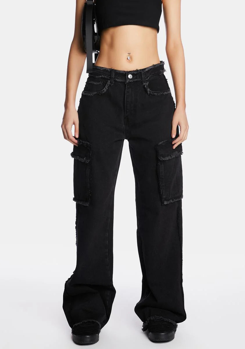 Black Denim Low Rise Baggy Cargo Jeans