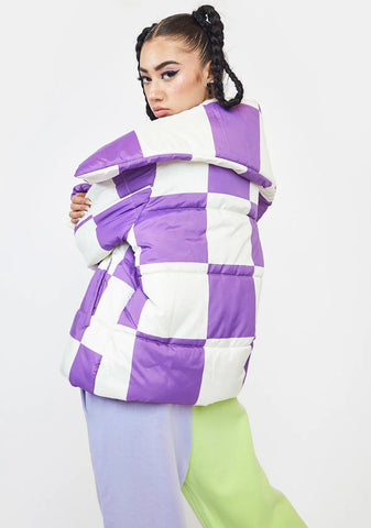 Purple Checkerboard Puffer Jacket