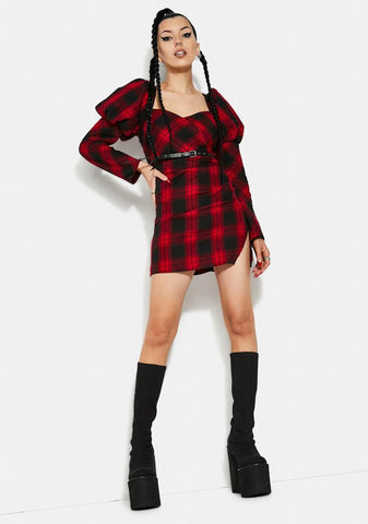 Red And Black Plaid Princess Sleeve Dress