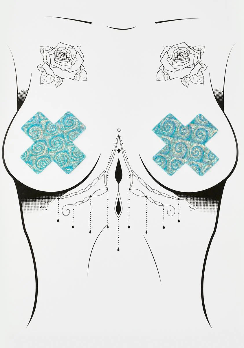 DK X Neva Nude Blue Holo Swirl Cross Pasties