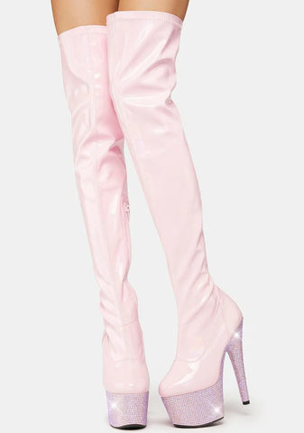 Pink Bejeweled-3000-7 Thigh High Boots