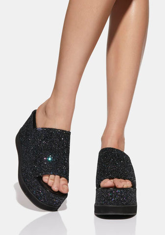 Black Glitter Bubble Platform Mules