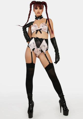 x Bettie Page Tattoo Print Black 4 Strap Suspender Belt