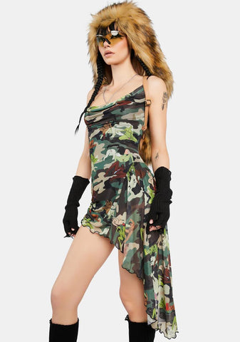 Self Love Camo Flounce Mesh Dress
