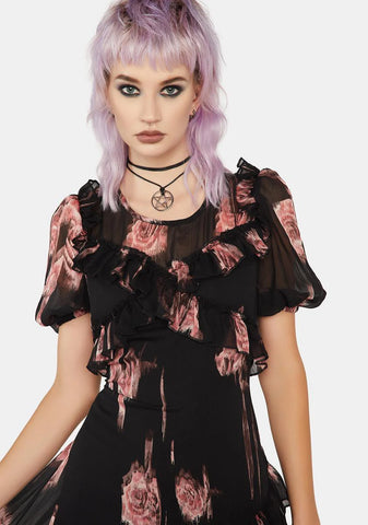 Grunge Irregular Floral Printed Ruffled Dress