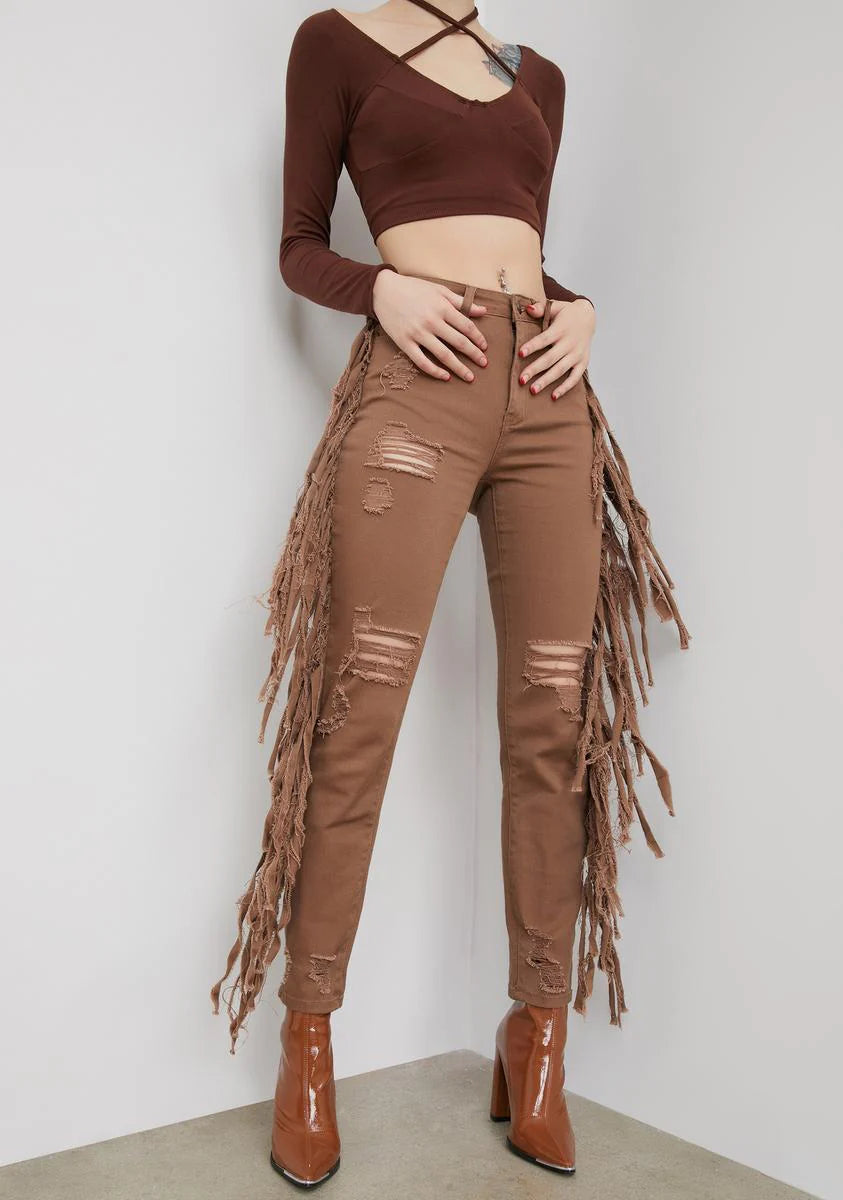 Whiskey Night Crawling Distressed Fringe Jeans
