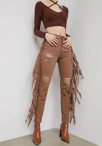 Whiskey Night Crawling Distressed Fringe Jeans