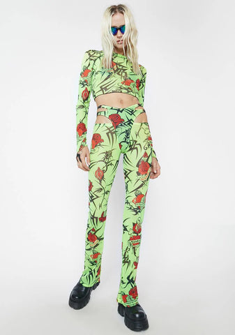 Neon Green Tattoo Rose Raglan Mesh Racer Top