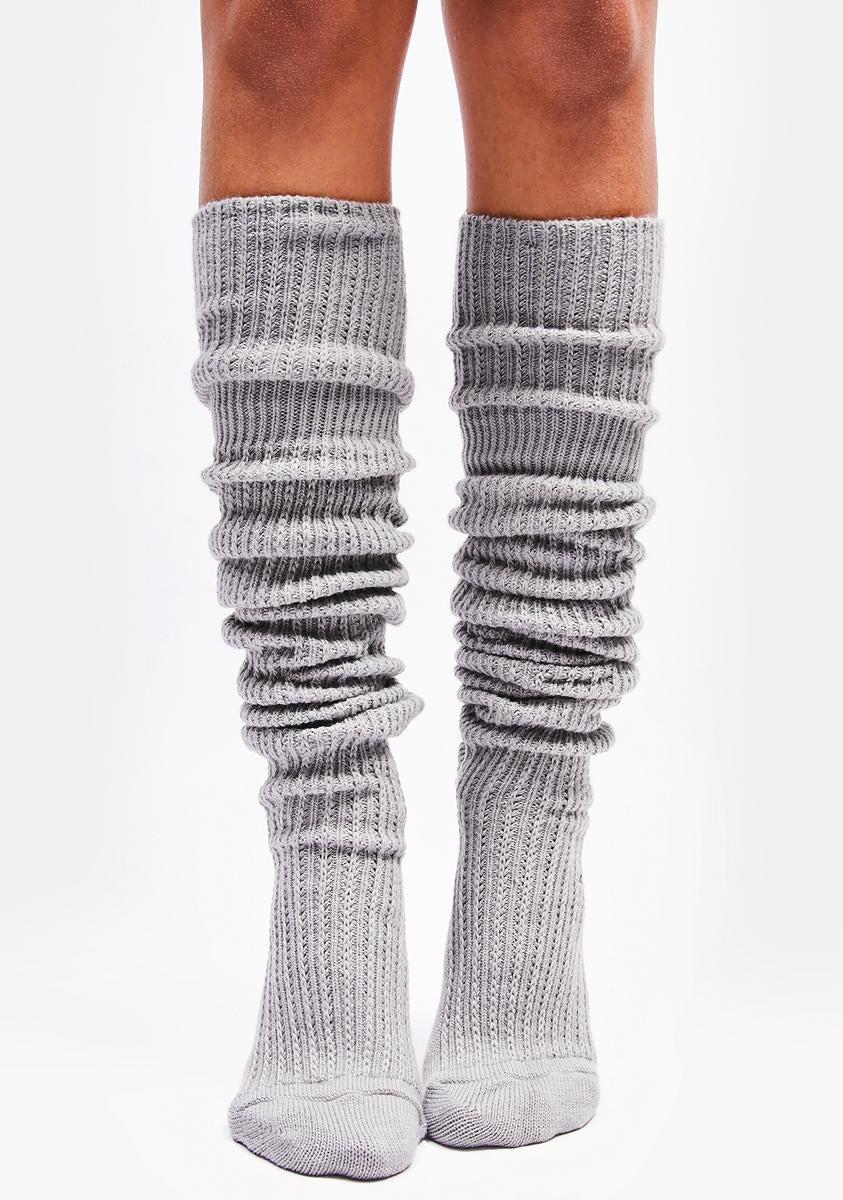 Ash Ribbed Fuzzy Thigh High Socks