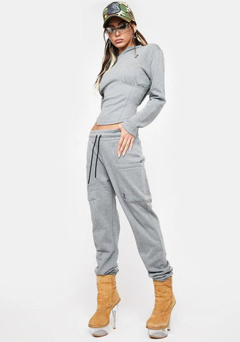 Heather Grey Cargo Pintuck Fleece Joggers