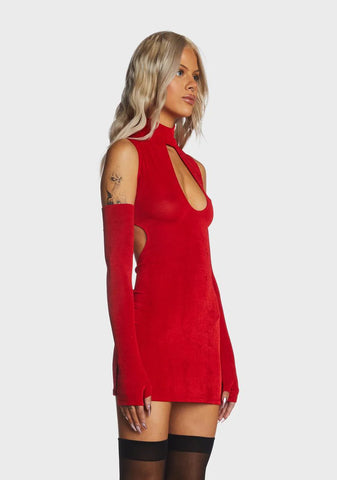 Red Cut Out Mini Dress With Gloves