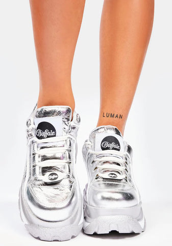 Silver Metallic Classic Low Leather Platform Sneakers