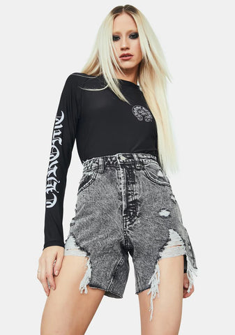 No New Friends Acid Wash Denim Shorts