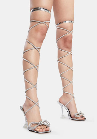 Silver Queenie Lace Up Diamante Wrap Heels