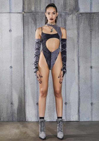Snare Two-Tone Asymmetric Bodysuit And Gloves Set