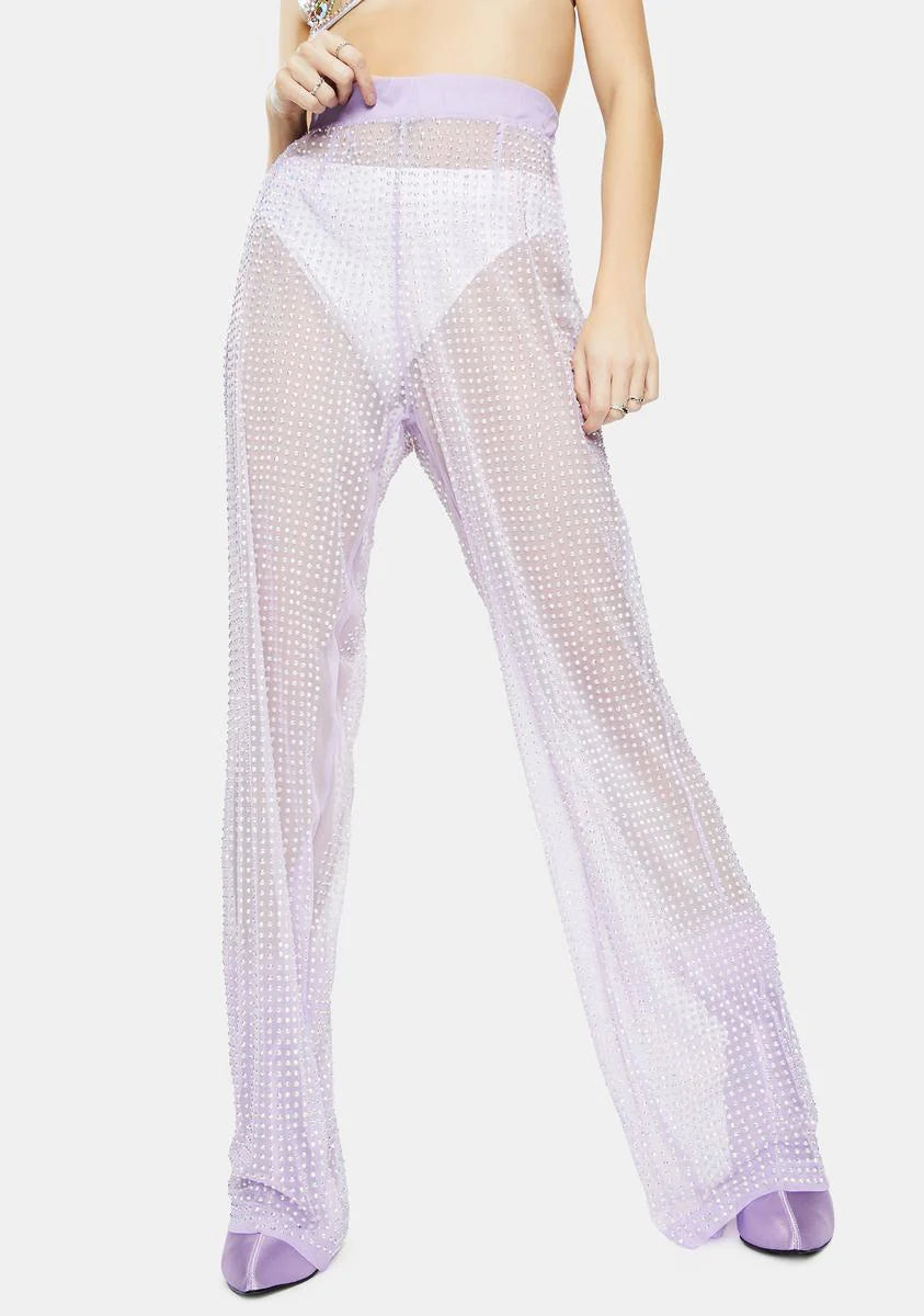 Lilac Rhinestone Mesh Wide Leg Pants