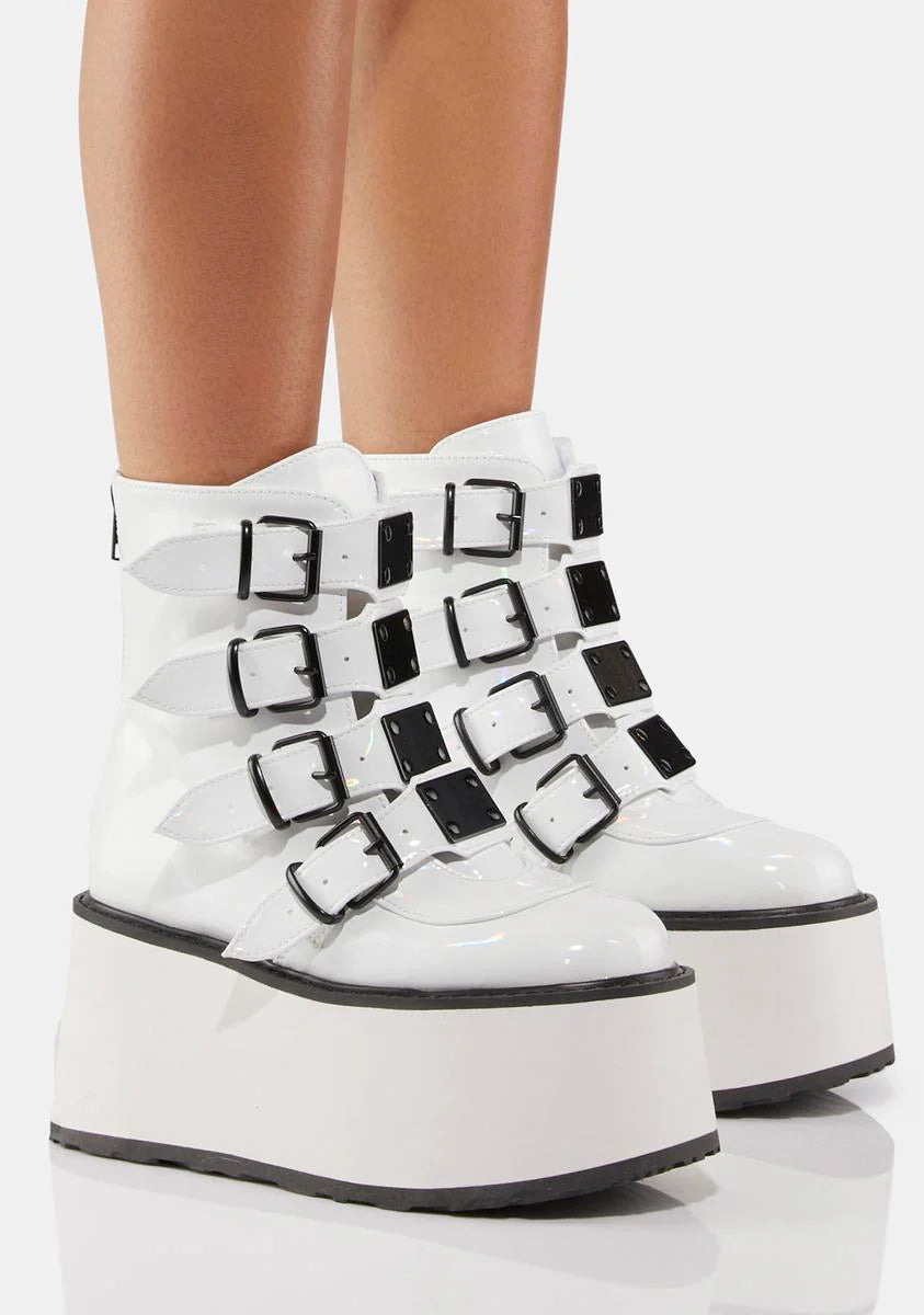 White Holographic Damned-105 Buckle Boots