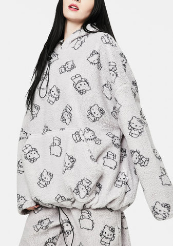 Grey Hello Kitty Printed Fleece Hoodie