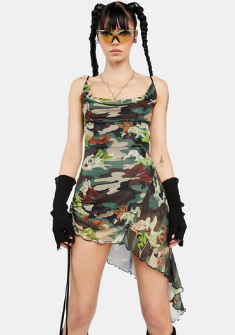 Self Love Camo Flounce Mesh Dress