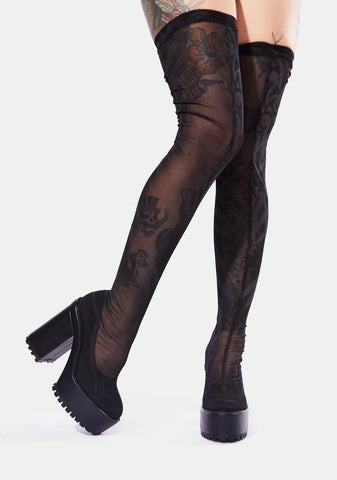 Snare Tattoo Print Mesh Thigh High Boots