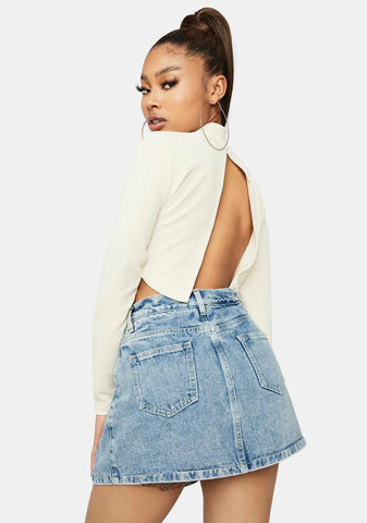 Sky Secret Letter Denim Zip Up Mini Skirt