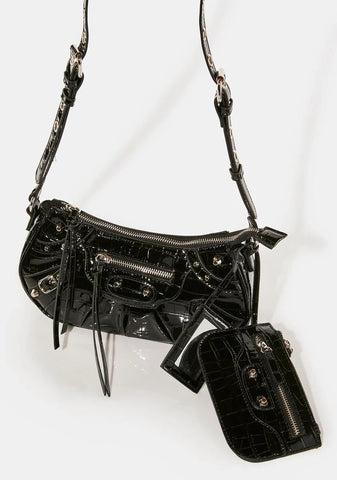 Trackstar Black Croc Shoulder Bag