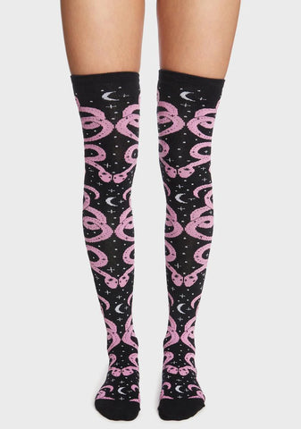 Snake And Moon Thigh High Socks