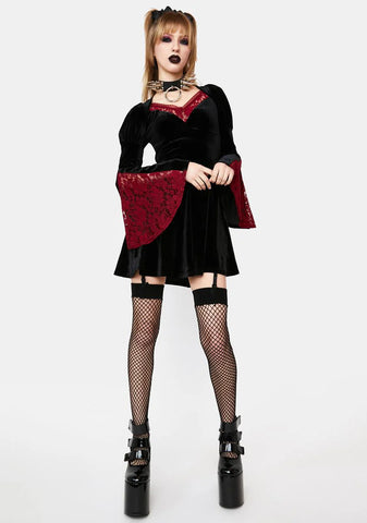 Black Mini Dress With Red Lace Sleeves