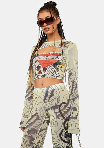 LKS Skull Long Sleeve Mesh Top