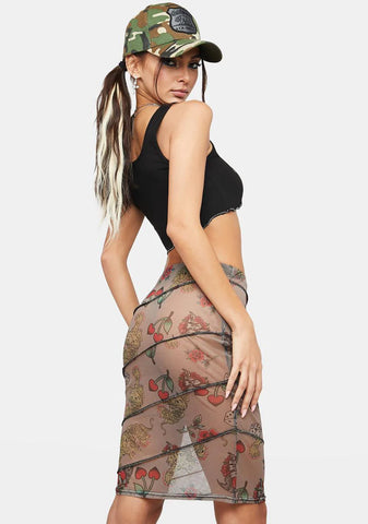 Tattoo Print Mesh Contrast Stitch Skirt