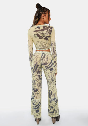 Eagle Skull Mesh Flare Pants