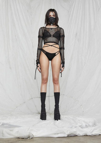 Synth Zipper Sleeve Fishnet Crop Top