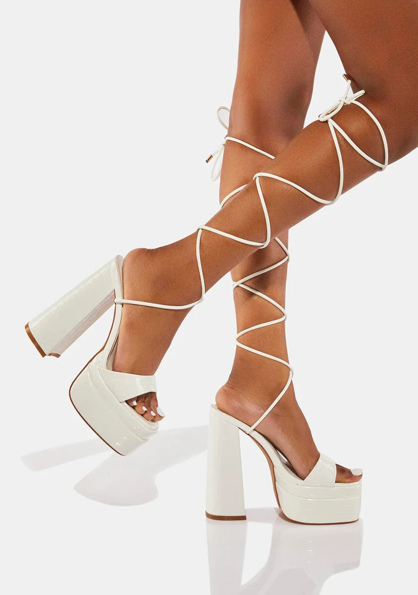 White Robin Lace-Up Platform Heels
