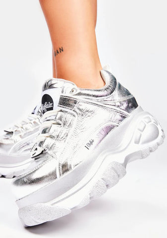 Silver Metallic Classic Low Leather Platform Sneakers
