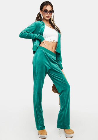 Jade Green Luxe Velour Rhinestone Logo Sweatpants