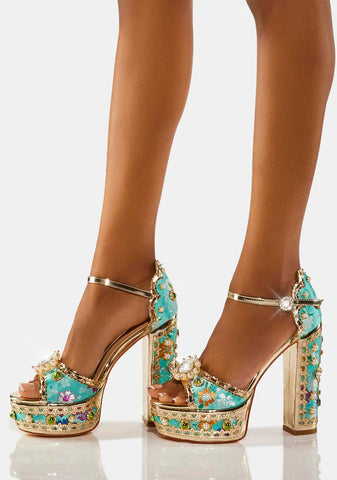 Teal Cici Jeweled Platform Heels