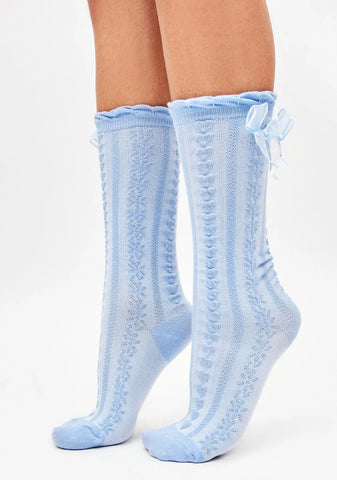 Aqua Peaceful in Pointelle Bow Crew Socks