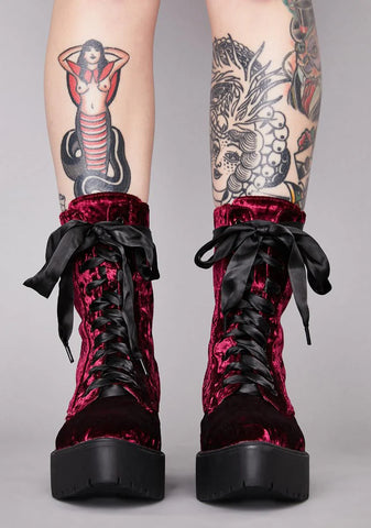 Wine Sin-Struck Strides Velvet Boots