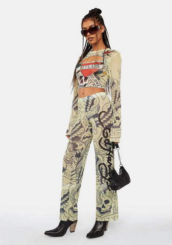 Eagle Skull Mesh Flare Pants