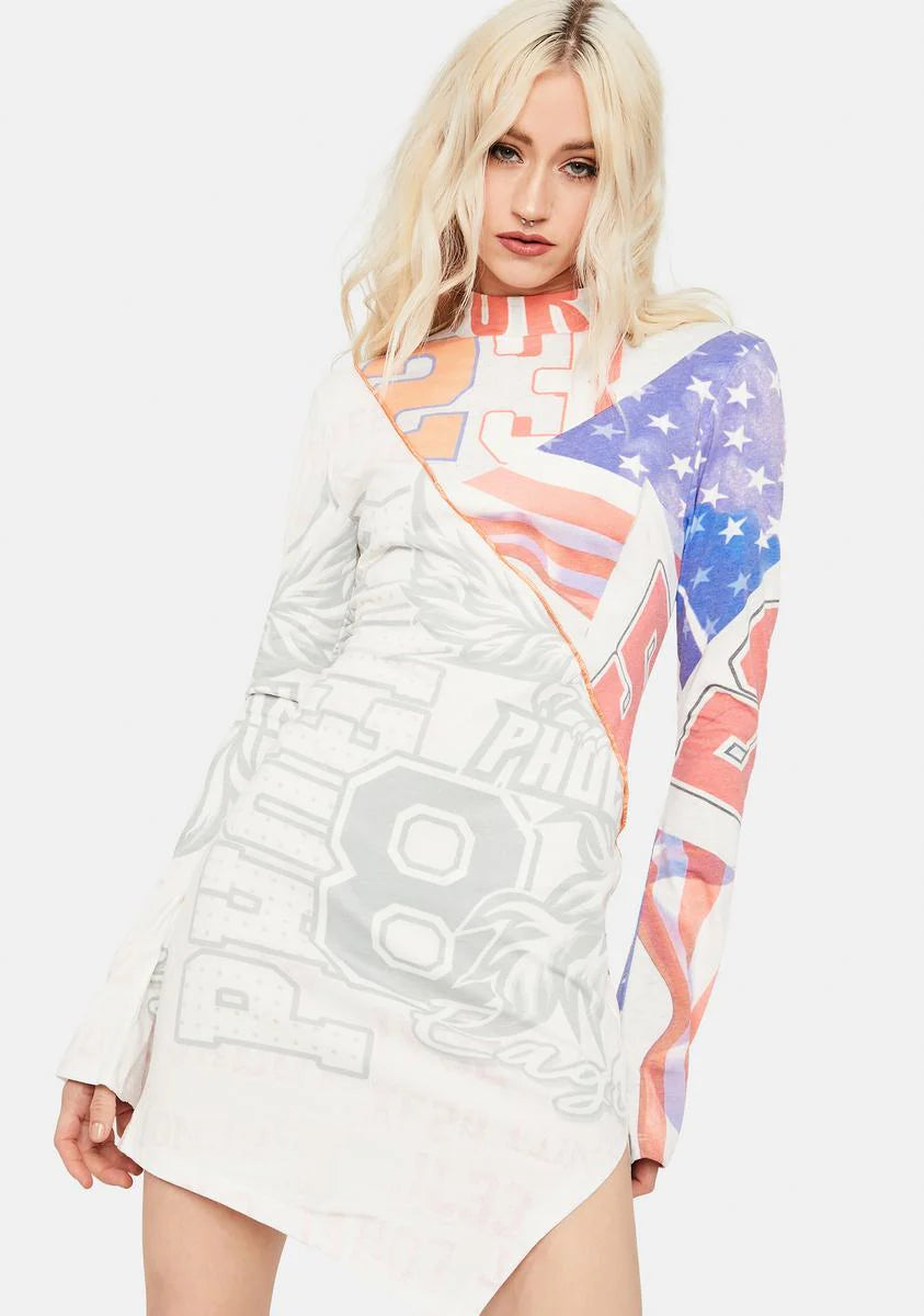 Varsity Flag Print Cut & Sew Long Sleeve Jersey Dress