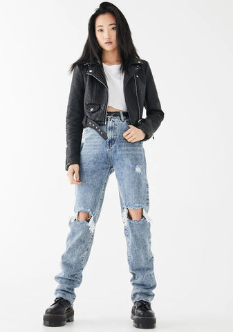 Mid Wash Long Straight Leg Jeans