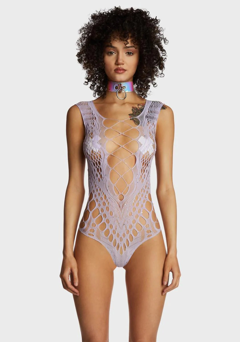 Bombshell Beauty Fishnet Bodysuit - Light Purple