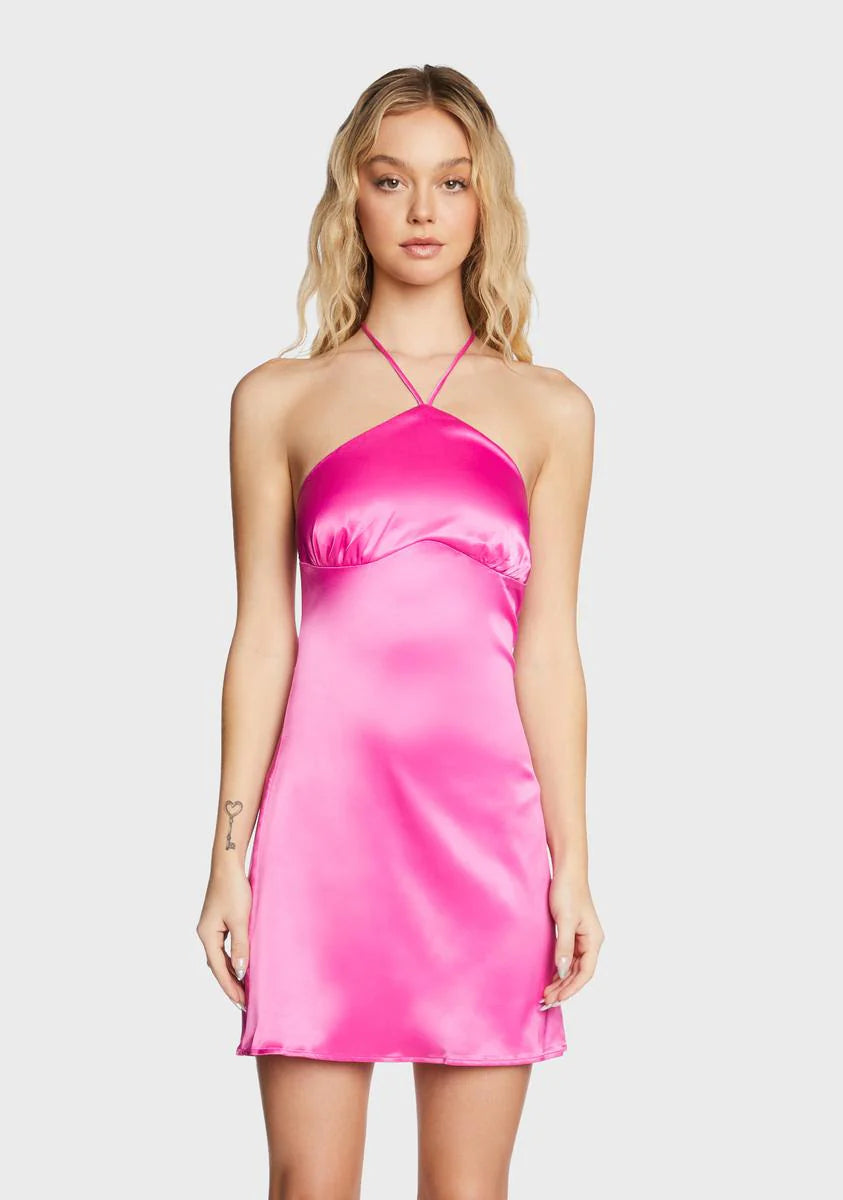 Pink Satin Halter Mini Dress