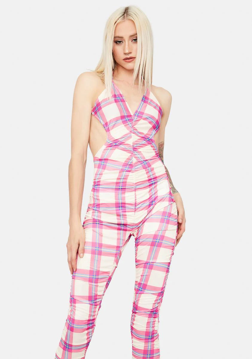 Blush Stand For Something Plaid Open Back Jumpsuit