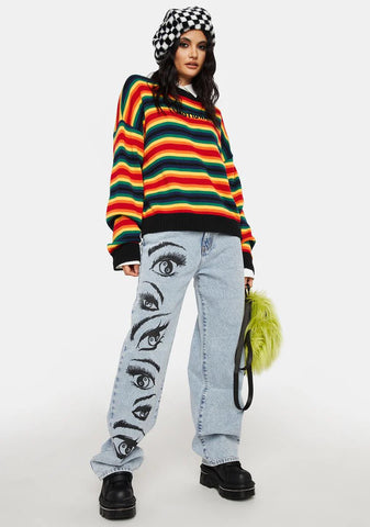 Yin Yang Eyes Printed Loose Jeans